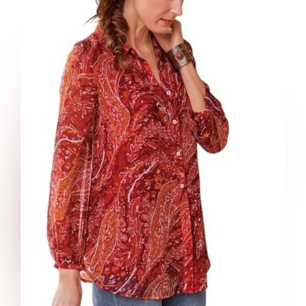 Soft Surroundings Cheyla Boho L Blouse Red Orange Paisley Lined Button Down Top